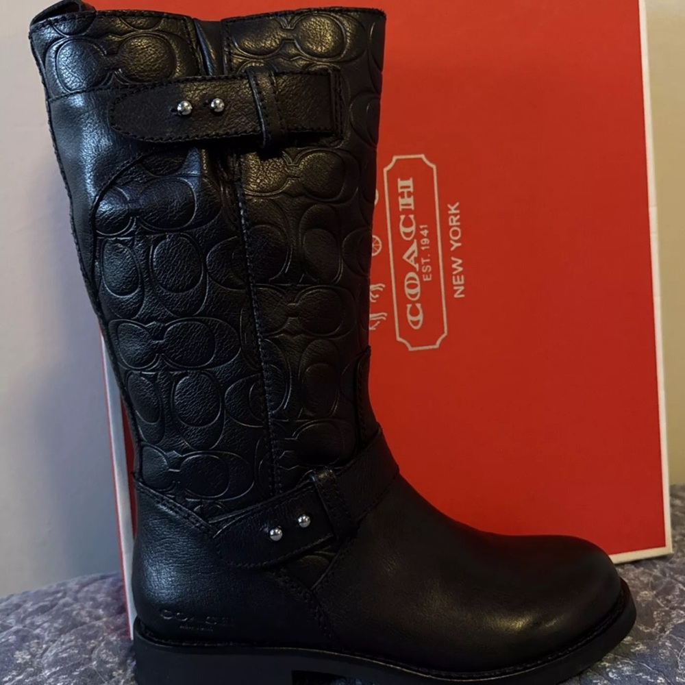 NEW COACH DESIGNER Virginia Black Leather Signature Embossed Riding Boots Sz 5